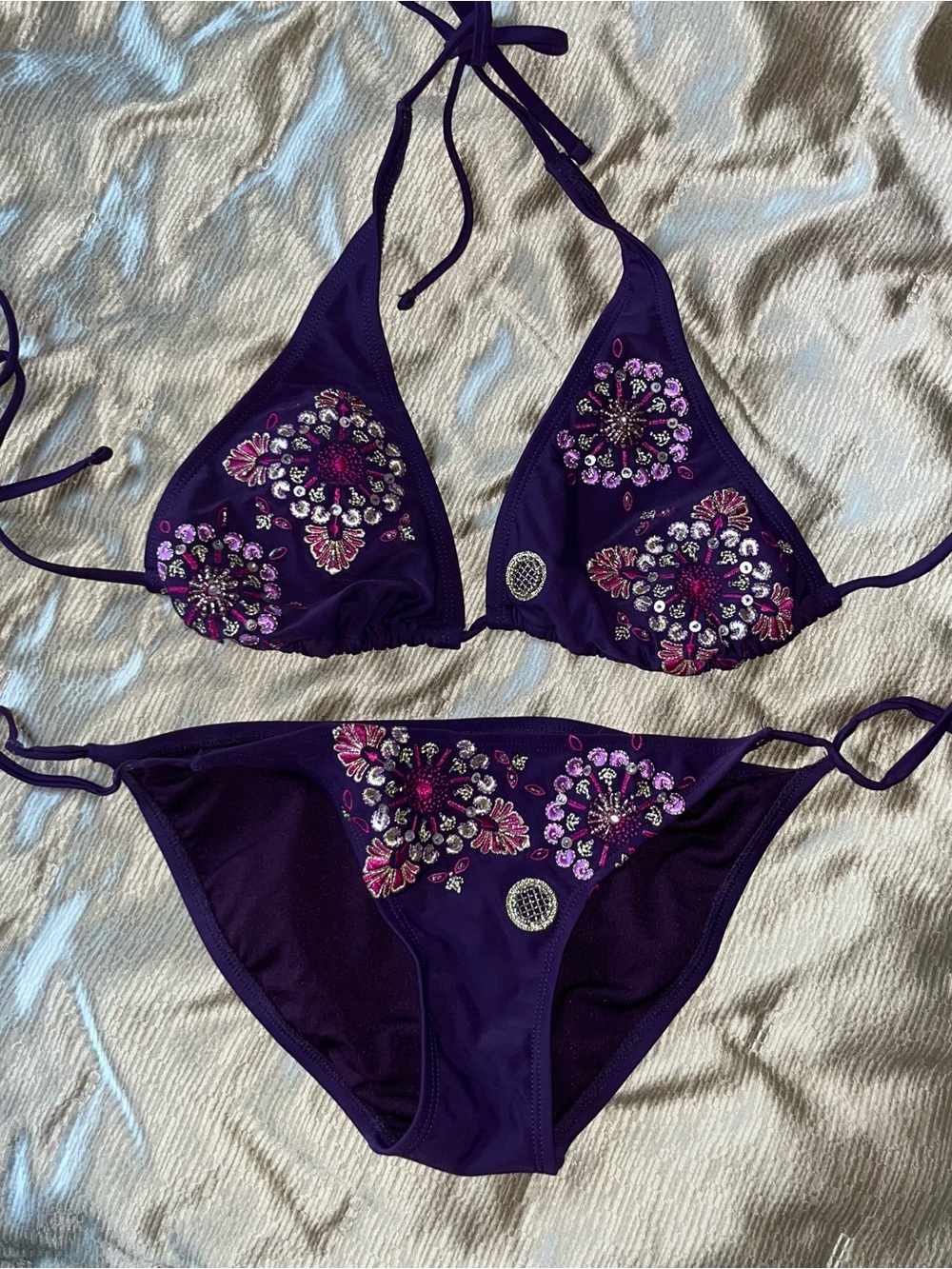 Xhilaration Purple Triangle Bikini with Pink Floral Embroidery